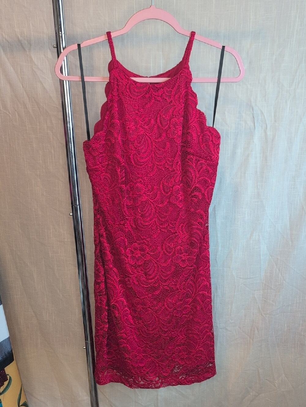Red Lace Midi Dress with Delicate Spaghetti Straps